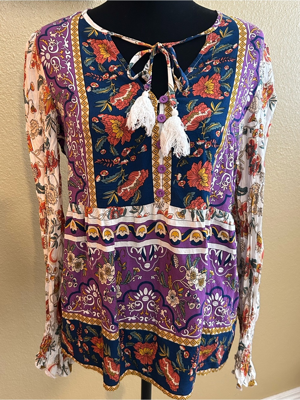 Boho Floral Tie-Front Long Sleeve Top in Purple & Navy - Picture 2 of 5